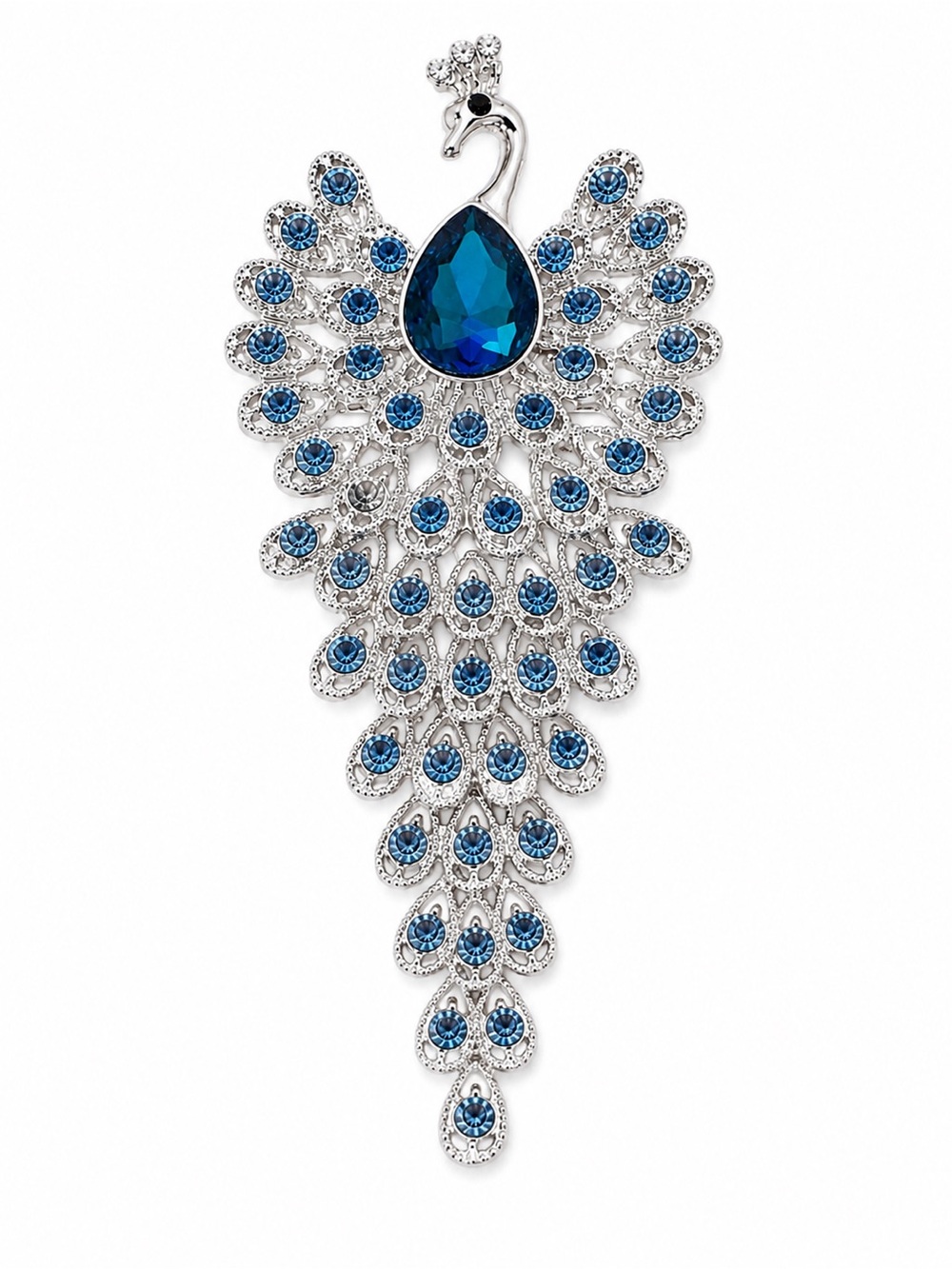 Silver Tone Peacock Brooch Blue Rhinestone Statement Pin‎ Large Crystal Bird
